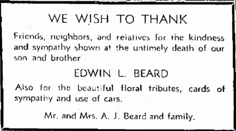 Thank you notice for Eddie Beard